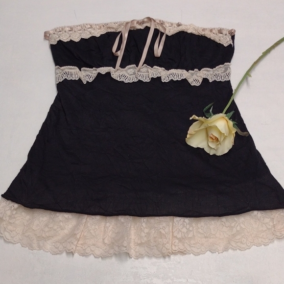 Heart Soul Tops - Heart Soul Y2K Black Cream Ruffled Bustier Camisole,Romantic,Bohemian babydoll.